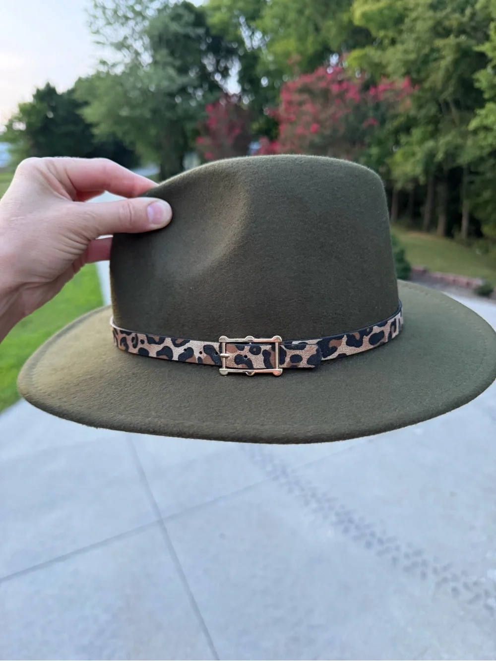 Olive Felt Fedora Hat with Leopard Accent Band